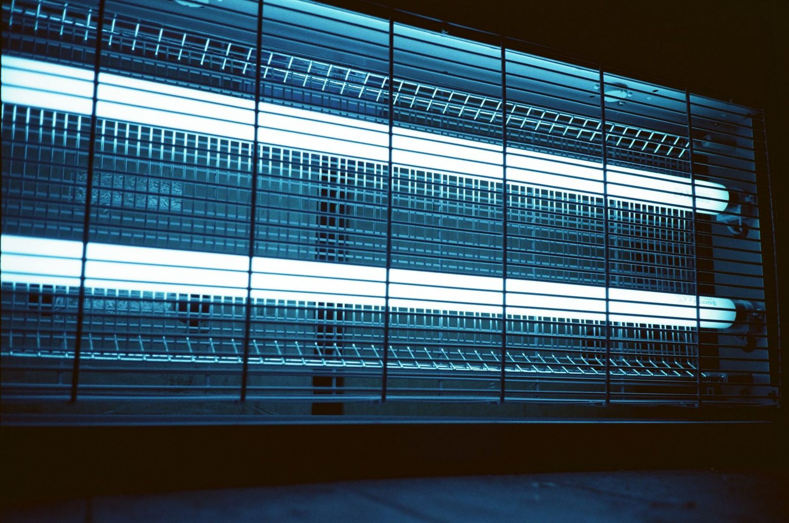 UV tubes glowing behind a protective wire grille